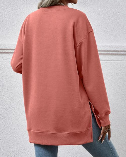 V-Neck Slit Long Sleeve Sweatshirt