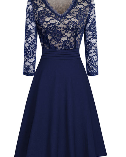 V-Neck Lace Detail Knee-Length Dress