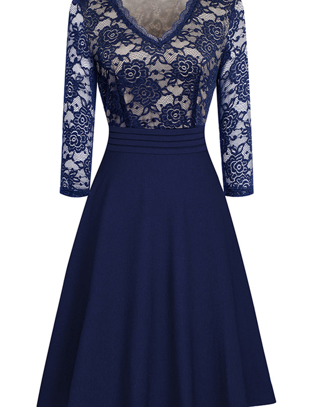 V-Neck Lace Detail Knee-Length Dress