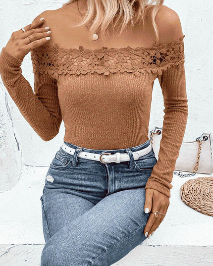 Off-Shoulder Lace Trim Ribbed Tee