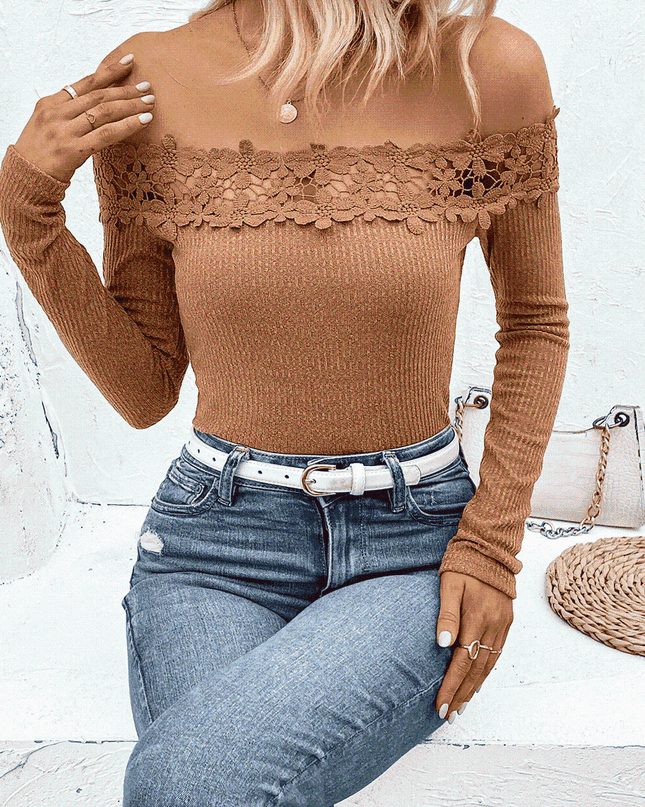 Off-Shoulder Lace Trim Ribbed Tee