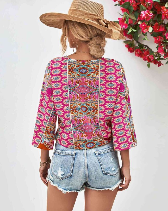 Tie Hem V-Neck Three-Quarter Sleeve Blouse