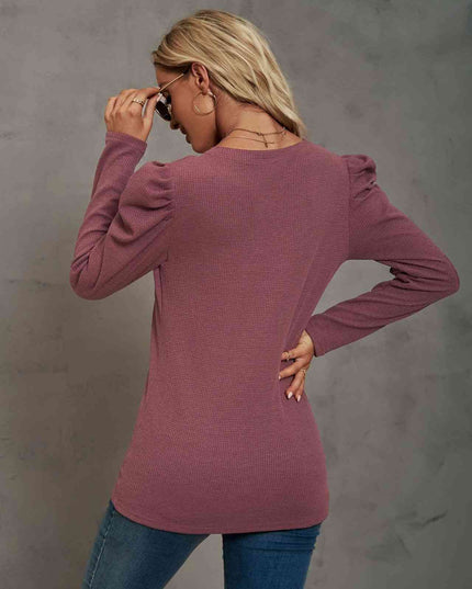 Waffle-Knit Puff Sleeve Round Neck Top