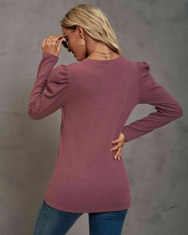 Waffle-Knit Puff Sleeve Round Neck Top