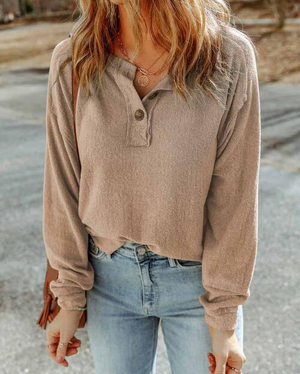 Buttoned Round Neck Long Sleeve Top