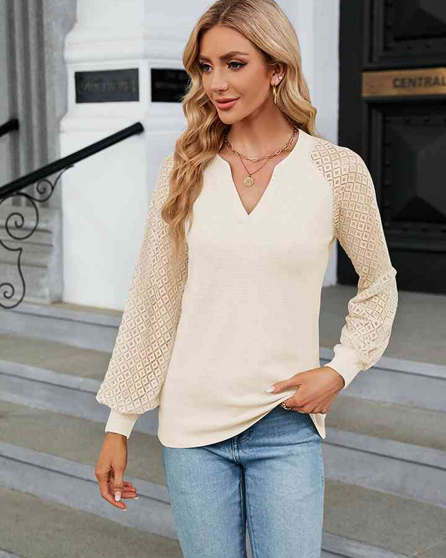 Notched Neck Long Sleeve Blouse