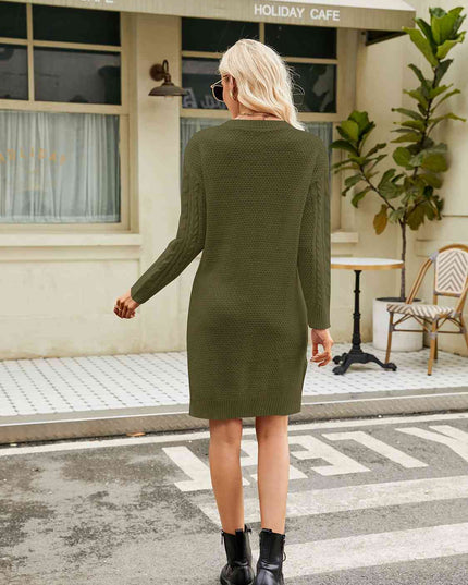 Notched Neck Cable-Knit Slit Sweater Dress