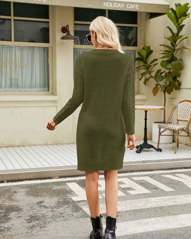 Notched Neck Cable-Knit Slit Sweater Dress