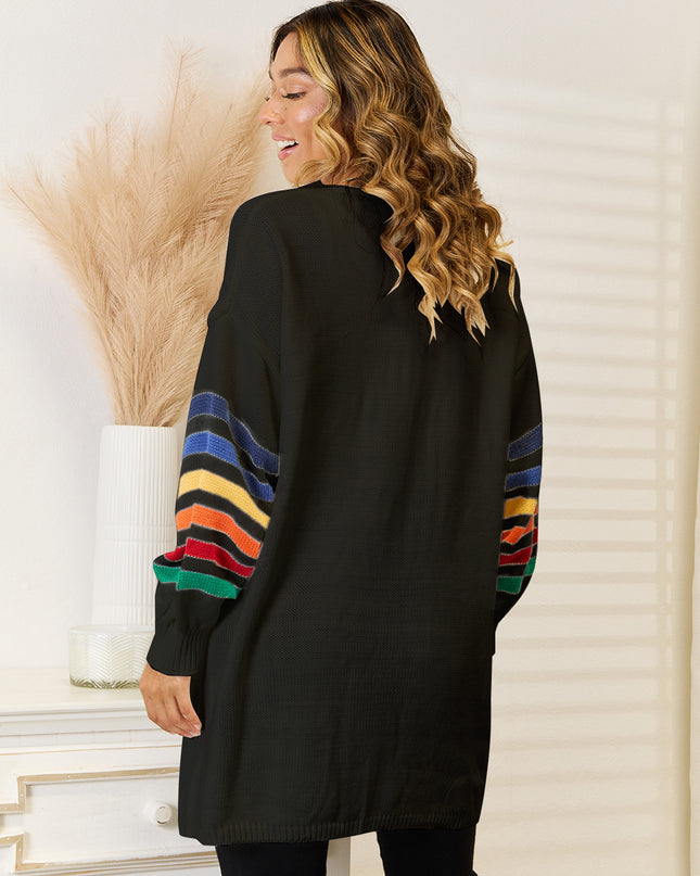Striped Open Front Dropped Shoulder Cardigan