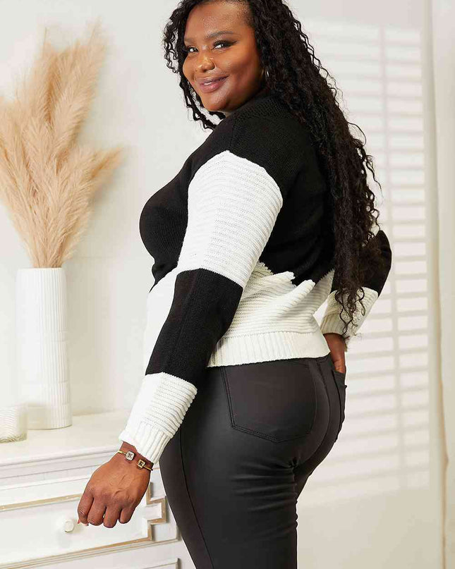 Woven Right Two-Tone Openwork Rib-Knit Sweater
