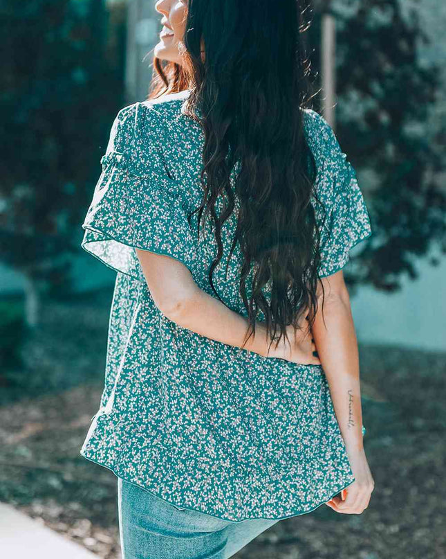 Floral Flare Sleeve Ruffle Hem Top