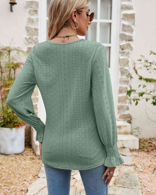 Eyelet Flounce Sleeve V-Neck Blouse