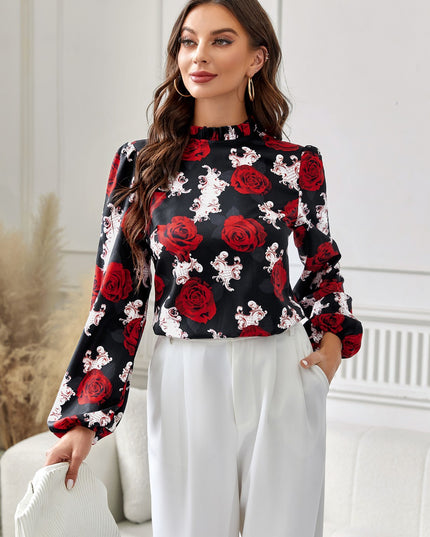 Floral Mock Neck Long Sleeve Blouse