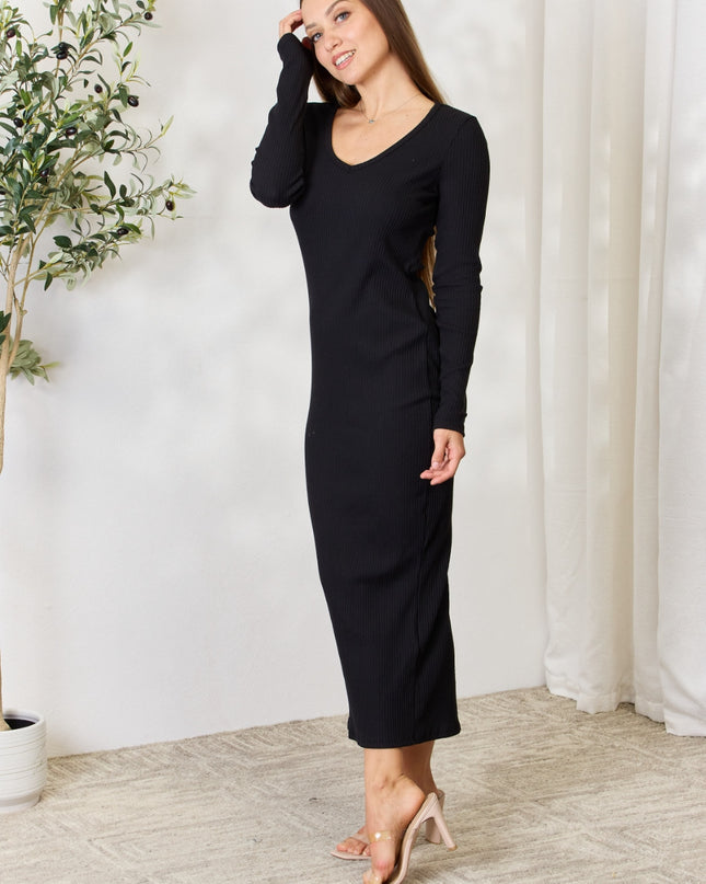 Culture Code Full Size Ribbed Long Sleeve Midi Slit Dress