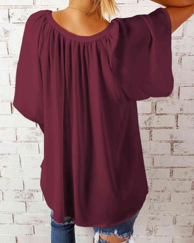 Gathered Detail Notched Neck Flutter Sleeve Top