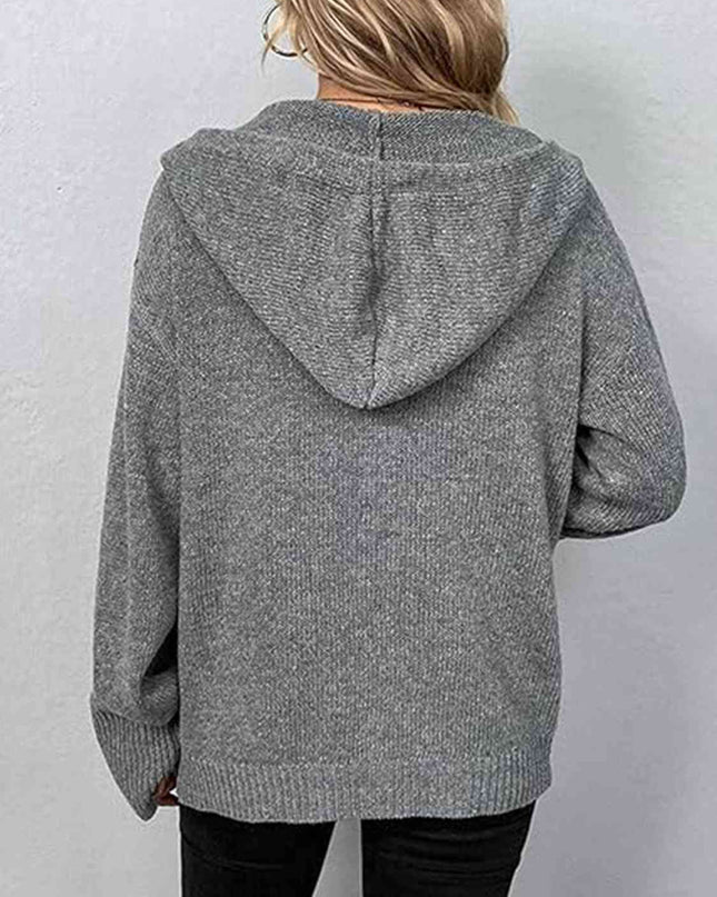Button Up Drawstring Long Sleeve Hooded Cardigan