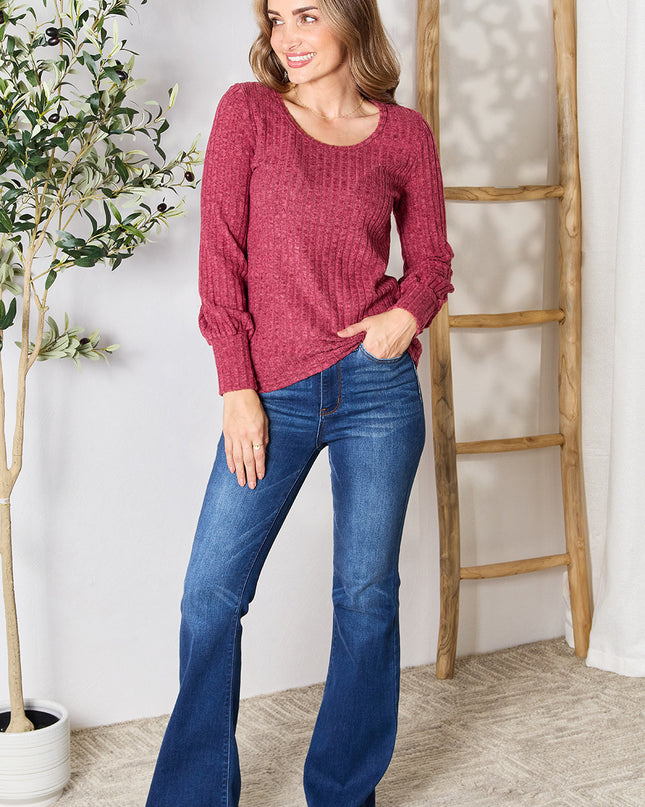 Double Take Ribbed Round Neck Lantern Sleeve Blouse