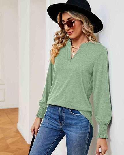 Notched Neck Long Sleeve Blouse