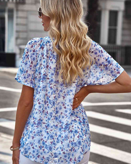 Floral Notched Neck Flutter Sleeve Blouse