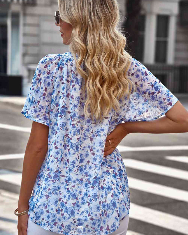 Floral Notched Neck Flutter Sleeve Blouse