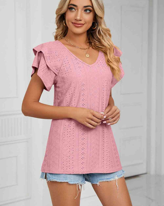 Eyelet Layered Flutter Sleeve V-Neck Knit Top
