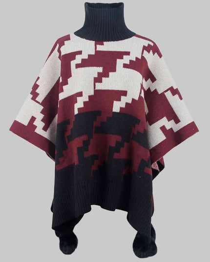 Turtleneck Pom-Pom Trim Poncho