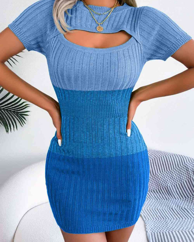 Color Block Cutout Short Sleeve Sweater Dress