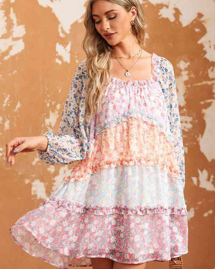 Floral Color Block Frill Trim Dress