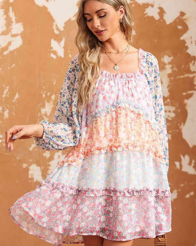 Floral Color Block Frill Trim Dress