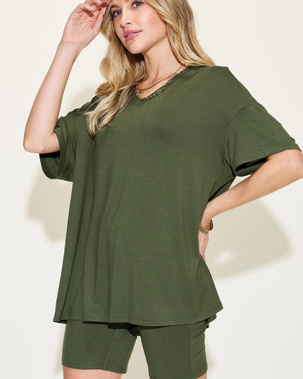 Basic Bae Full Size V-Neck Drop Shoulder Short Sleeve T-Shirt and Shorts Set