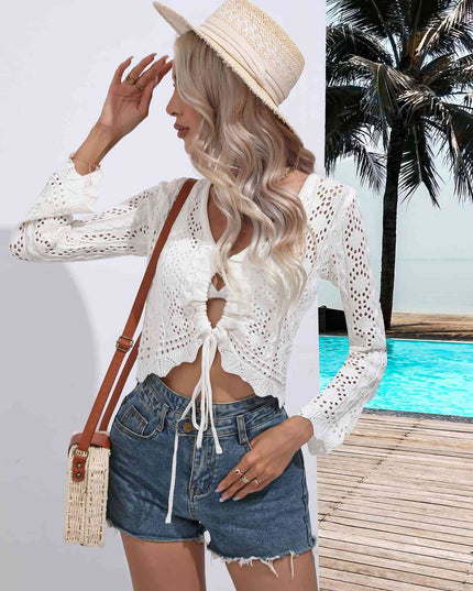 Drawstring V-Neck Long Sleeve Cover Up