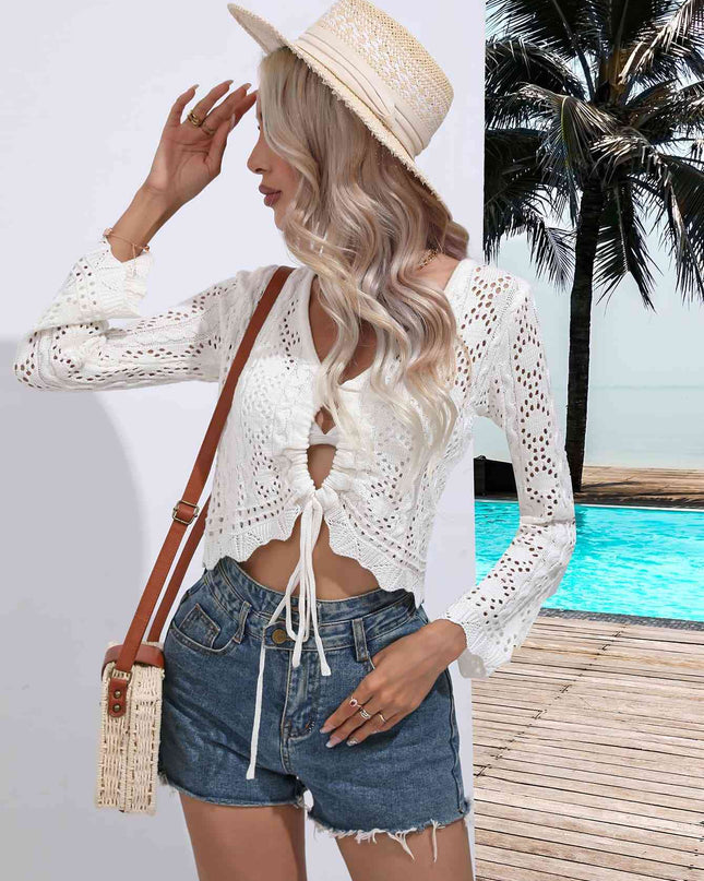 Drawstring V-Neck Long Sleeve Cover Up