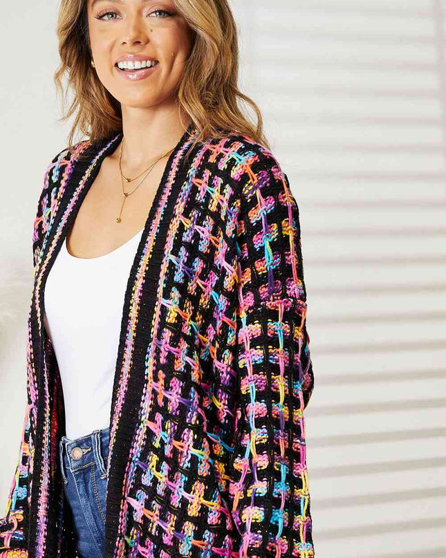 Double Take Full Size Multicolored Open Front Fringe Hem Cardigan