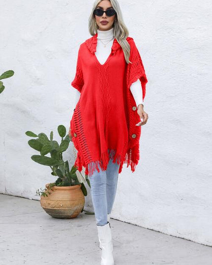 Fringe Trim Buttoned Hooded Poncho