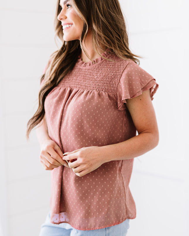 Polka Dot Smocked Flutter Sleeve Blouse