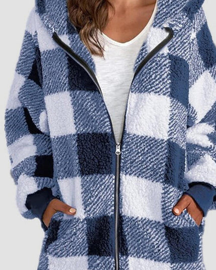 Plaid Zip Up Hooded Jacket with Pockets
