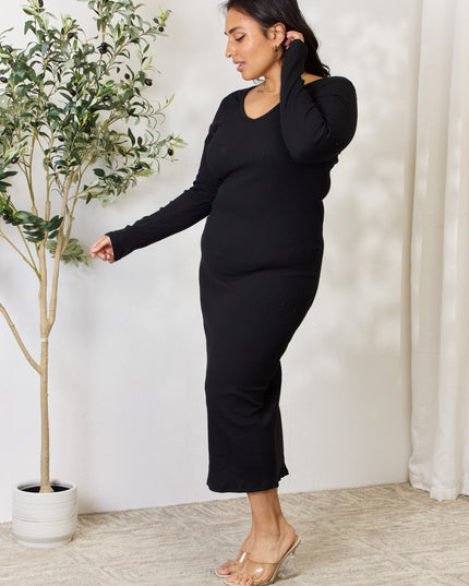 Culture Code Full Size Ribbed Long Sleeve Midi Slit Dress