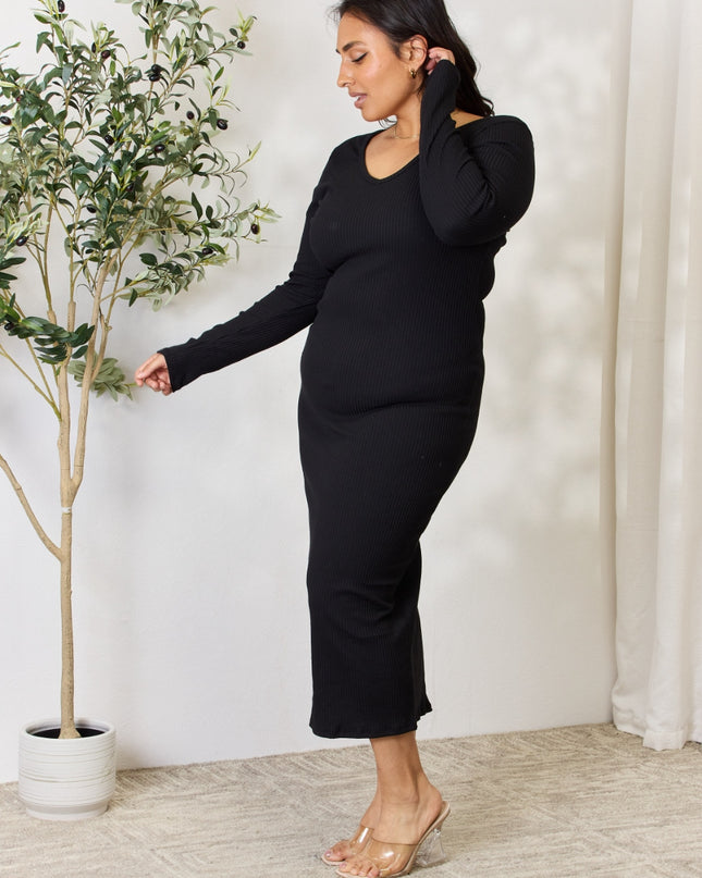 Culture Code Full Size Ribbed Long Sleeve Midi Slit Dress