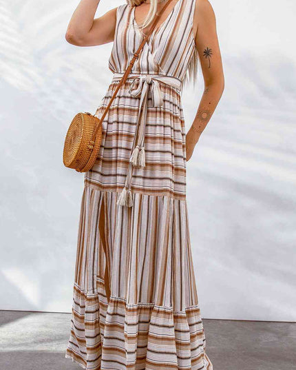 Striped Tie Waist Slit Sleeveless Dress