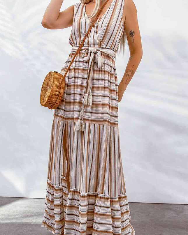 Striped Tie Waist Slit Sleeveless Dress