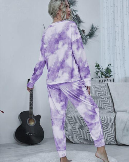 Tie-dye Round Neck Top and Drawstring Pants Lounge Set