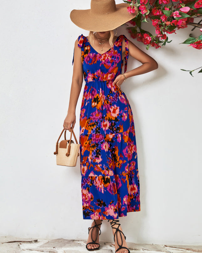 Multicolored V-Neck Backless Midi Dress