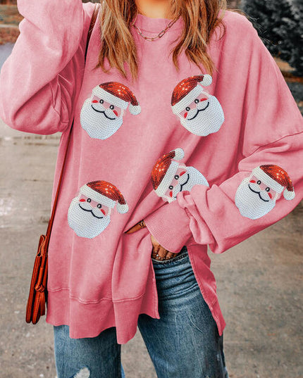 Sequin Santa Round Neck Slit Sweatshirt