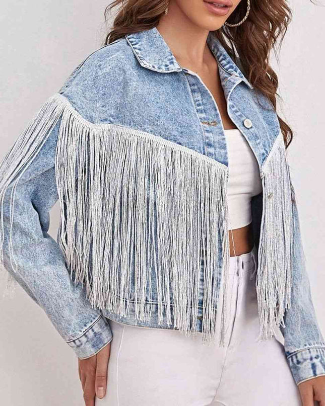 Fringe Detail Collared Neck Long Sleeve Denim Jacket