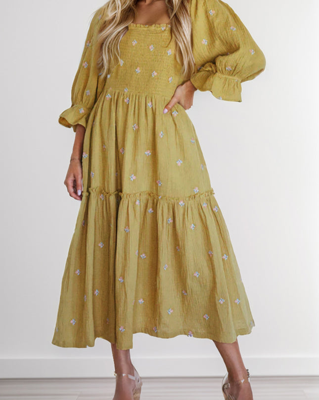 Smocked Square Neck Flounce Sleeve Dress