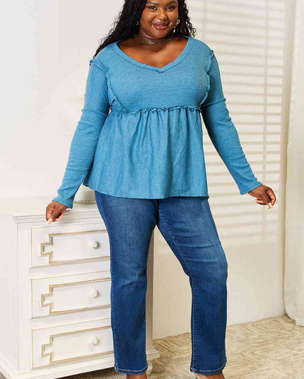Jade By Jane Full Size Frill Trim Babydoll Blouse