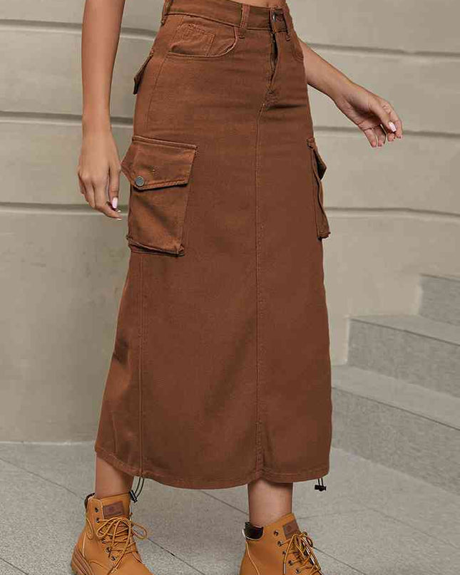 Drawstring Denim Skirt with Pockets