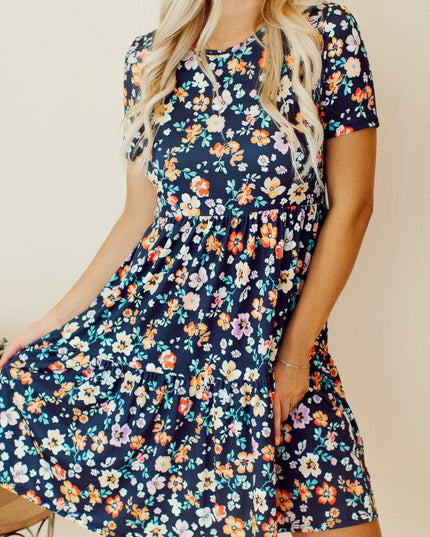 Floral Round Neck Short Sleeve Mini Dress