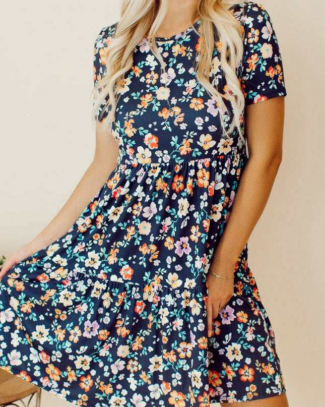 Floral Round Neck Short Sleeve Mini Dress