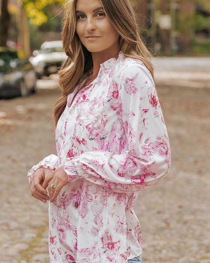 Floral Tie Neck Flounce Sleeve Blouse